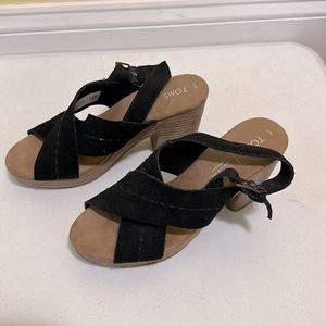 TOMS Biza Black Suede Crossed Strap Block Heel Sandals